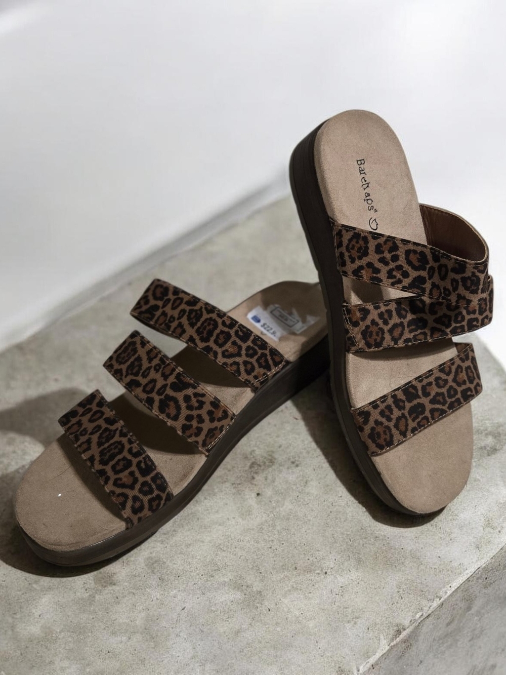 Baretraps Leopard Print Triple-Strap Slide Sandals in Brown EUC size 7 1/2